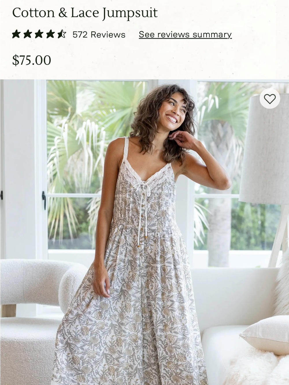 NATURAL LIFE Floral Print Lace-Trim Maxi Jumpsuit in Cream and Taupe